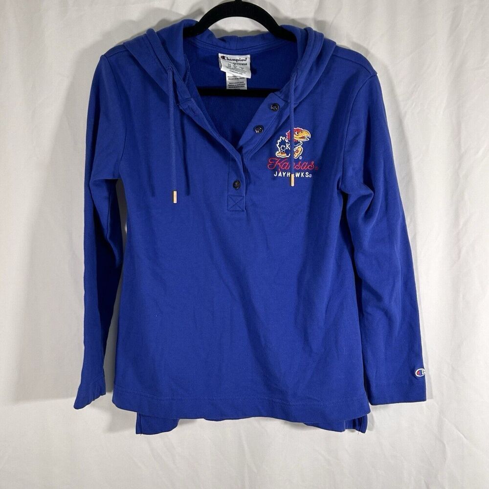 KU Jayhawks Champion Hoodie Womens Small Blue Drawstring 1/4 Button Cotton Blend